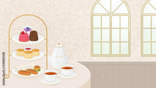 アフタヌーンティーの背景イラスト_ベージュ_16:9