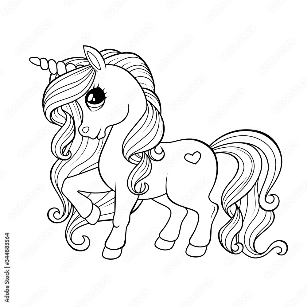 Cute little unicorn. Black and white illustration for coloring book