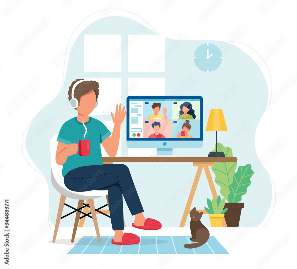 Online meeting via group call. Man talking to friends in video conference. Vector illustration in flat style