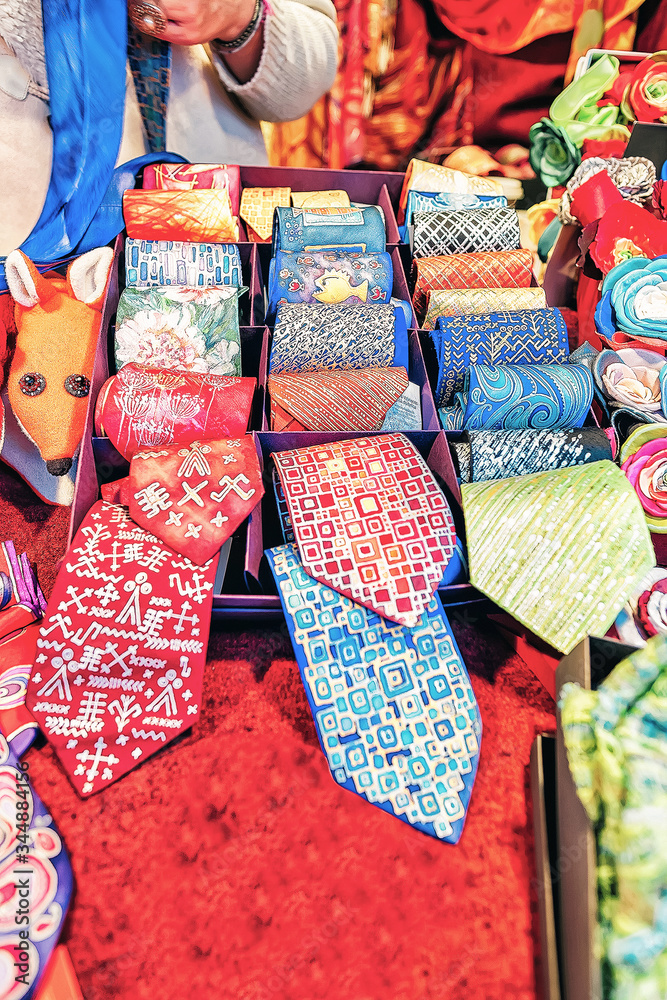 Silk tie souvenirs on Christmas market in Riga