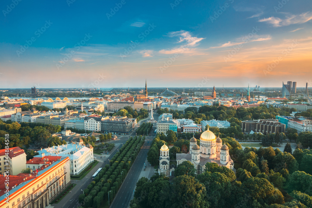 Riga, Latvia. Riga Cityscape. Top View Of Buildings Ministry Of Justice, Supreme Court, Cabinet Of Ministers In Summer Evening. Aerial View.