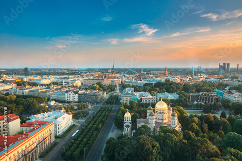 Riga  Latvia. Riga Cityscape. Top View Of Buildings Ministry Of Justice  Supreme Court  Cabinet Of Ministers In Summer Evening. Aerial View.
