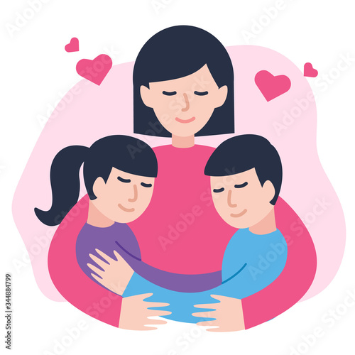 Mother, son and daughter cuddling. Loving family hugging vector.