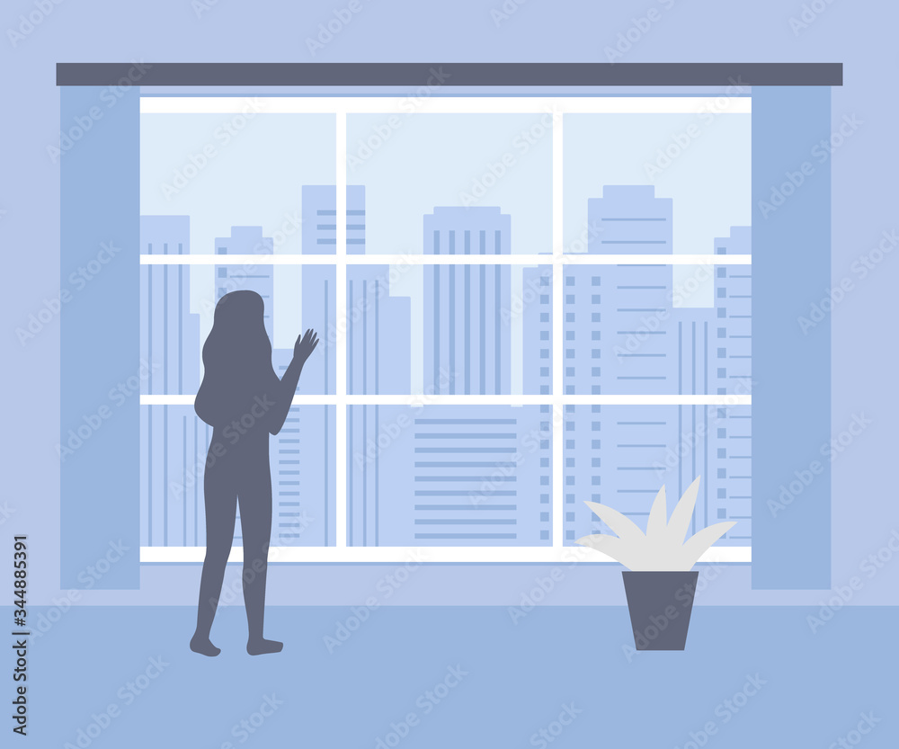 Woman stands at home and looks out of window at city. Female silhouette in interior of house. Lonely, boredom, expectation, hope. Stay at home. Quarantine isolation. Vector illustration