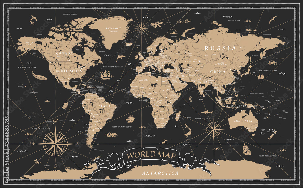 Fototapeta Mapa świata Vintage czarny złoty szczegółowe - wektor