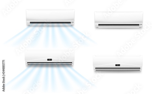 Air conditioner vector mockups with cold or hot wind flow. Realistic air conditioning split system indoor units with opened horizontal louvers and display panels, climate control for home or office