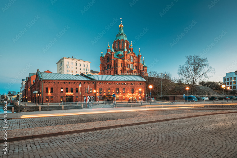 Obraz premium Helsinki, Finland. Uspenski Cathedral In Evening Illuminations Lights. Eastern Orthodox Cathedral Dedicated To Dormition Of The Theotokos - Virgin Mary
