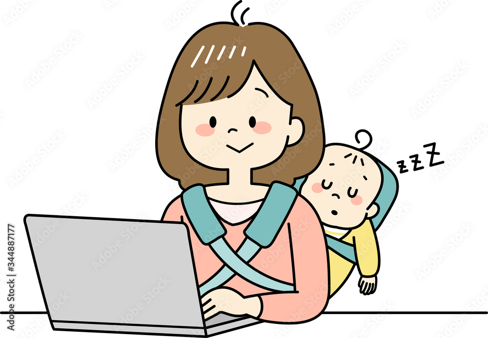 赤ちゃんをおんぶしながらテレワークするお母さん 赤ちゃんをおんぶしながらテレワークするお母さん