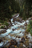 Splashy waterfall in Dombay mountains in autumn season.