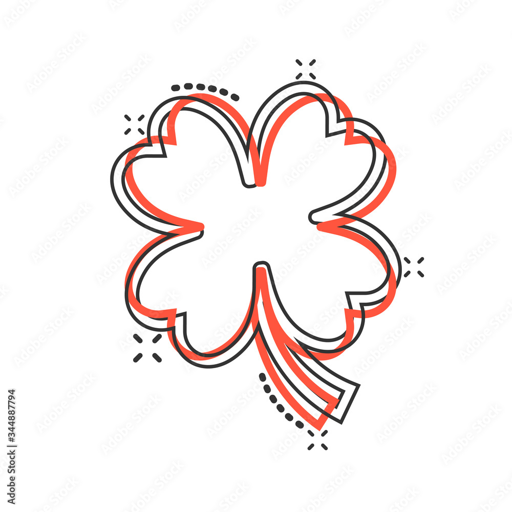 Four leaf clover icon in comic style. St Patricks Day cartoon vector illustration on white isolated background. Flower shape splash effect business concept.