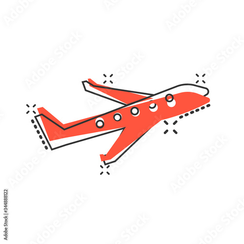 Plane icon in comic style. Airplane cartoon vector illustration on white isolated background. Flight airliner splash effect business concept.