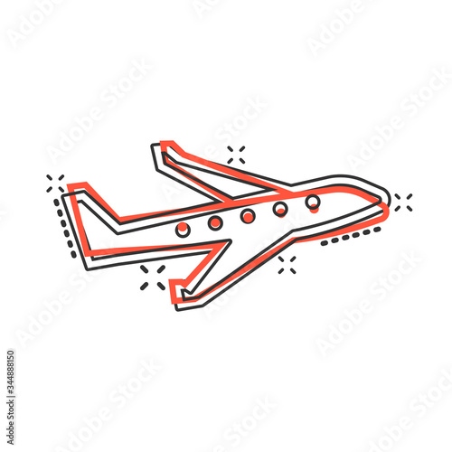 Plane icon in comic style. Airplane cartoon vector illustration on white isolated background. Flight airliner splash effect business concept.