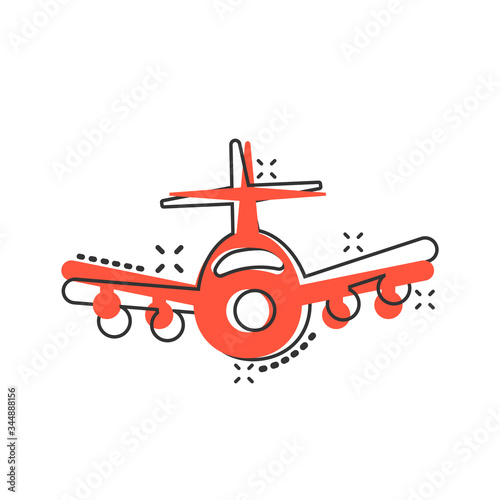 Plane icon in comic style. Airplane cartoon vector illustration on white isolated background. Flight airliner splash effect business concept.