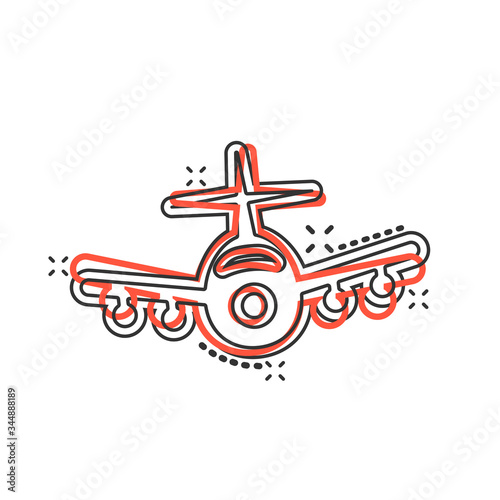 Plane icon in comic style. Airplane cartoon vector illustration on white isolated background. Flight airliner splash effect business concept.