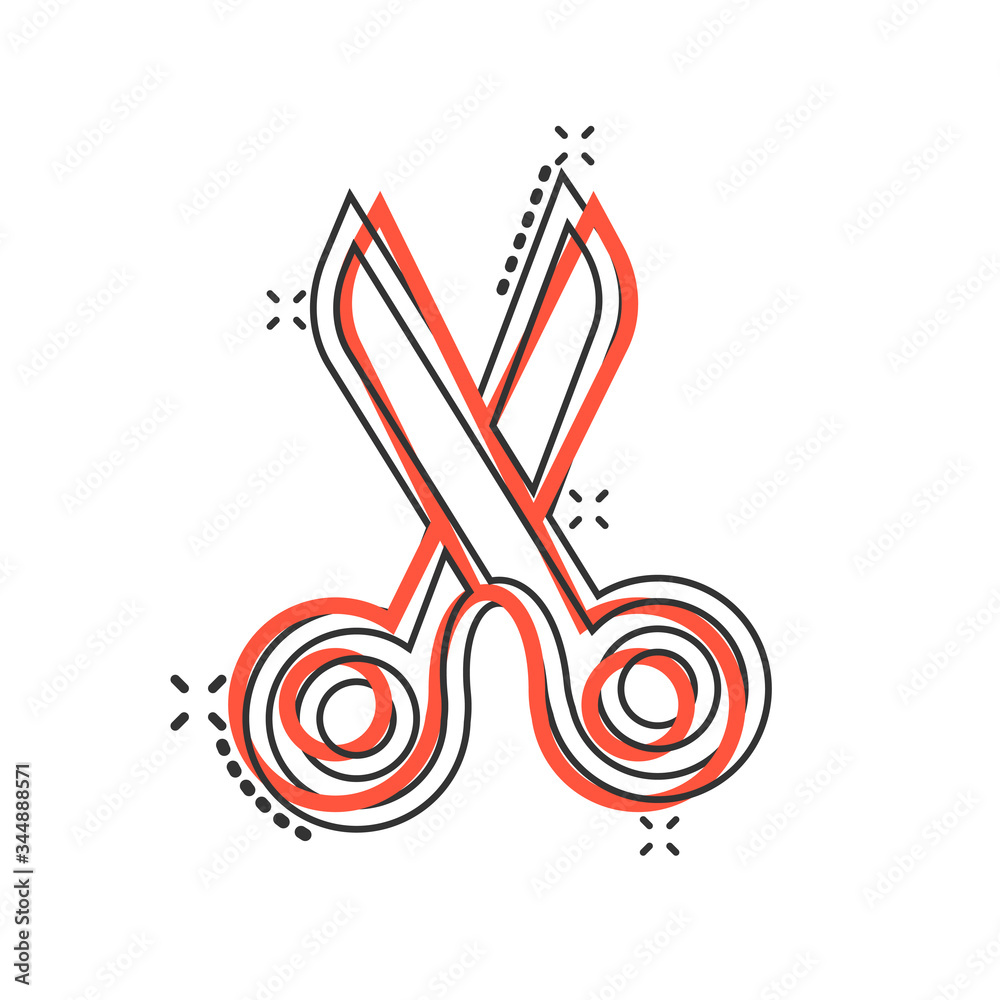 Scissor icon in comic style. Cut equipment cartoon vector illustration on white isolated background. Cutter splash effect business concept.