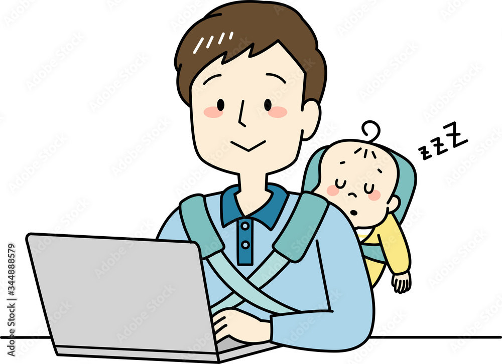 赤ちゃんをおんぶしながらテレワークするお父さん 赤ちゃんをおんぶしながらテレワークするお父さん