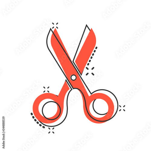 Scissor icon in comic style. Cut equipment cartoon vector illustration on white isolated background. Cutter splash effect business concept.