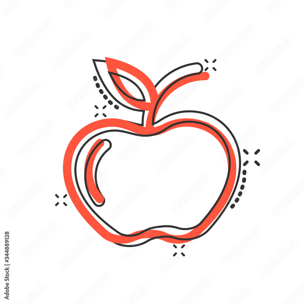 Apple icon in comic style. Fresh fruit cartoon vector illustration on white isolated background. Juicy food splash effect business concept. Apple icon in comic style. Fresh fruit cartoon vector illustration on white isolated background. Juicy food splash effect business concept.
