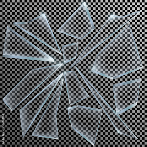 Realistic Shards of Broken Glass on Transparent Background Sharp Piece. Vector illustration