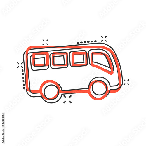 Bus icon in comic style. Coach cartoon vector illustration on white isolated background. Autobus vehicle splash effect business concept.