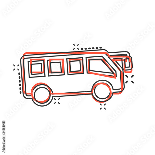 Bus icon in comic style. Coach cartoon vector illustration on white isolated background. Autobus vehicle splash effect business concept.