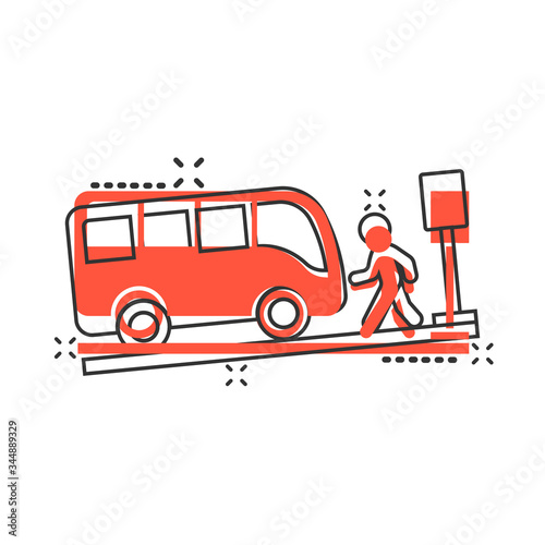 Bus station icon in comic style. Auto stop cartoon vector illustration on white isolated background. Autobus vehicle splash effect business concept.