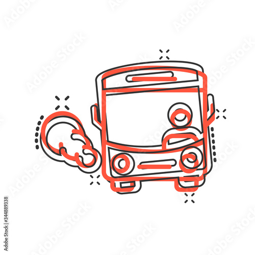 Bus icon in comic style. Coach cartoon vector illustration on white isolated background. Autobus vehicle splash effect business concept.
