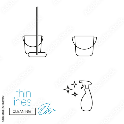 Set of thin line icons. Icons on the theme of cleaning. Bucket with a mop