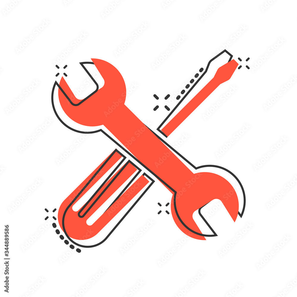 Wrench and screwdriver icon in comic style. Spanner key cartoon vector illustration on white isolated background. Repair equipment splash effect business concept. Wrench and screwdriver icon in comic style. Spanner key cartoon vector illustration on white isolated background. Repair equipment splash effect business concept.
