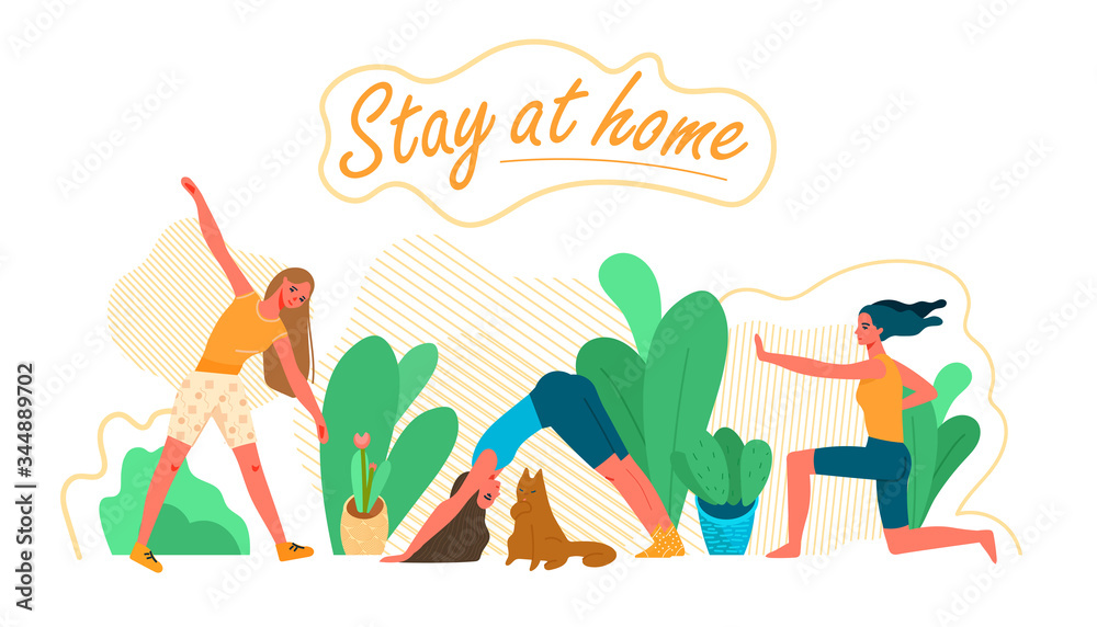 Young women sport activity at home, self-isolation during Covid 19 Pandemic. Cute girls doing fitness and yoga. Flat Cartoon vector illustration.