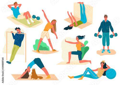 Set of people sport activity at home during Covid19 Pandemic. Man and woman perform sports exercises, fitness,yoga,lifting dumbells,pump press,doing pull-up. Cartoon Flat vector illustration