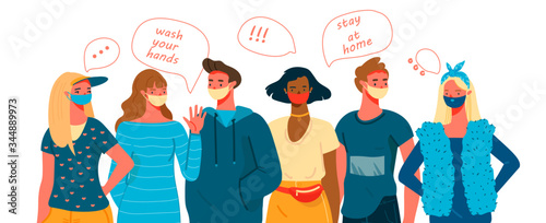 Group of young people in the medical masks for protections from coronavirus. Flat Cartoon vector illustration.