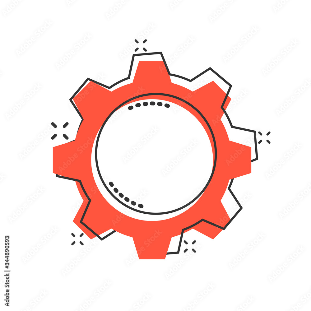 Gear vector icon in comic style. Cog wheel cartoon illustration on white isolated background. Gearwheel cogwheel splash effect business concept.