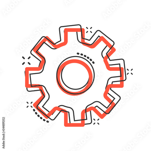 Gear vector icon in comic style. Cog wheel cartoon illustration on white isolated background. Gearwheel cogwheel splash effect business concept.