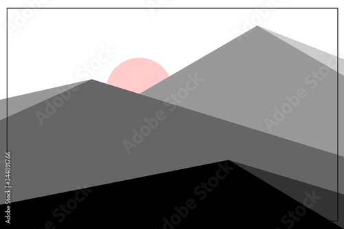 Pyramid design natural scenery vector with black, gray and white colors along with a handful of red black sun on a white background