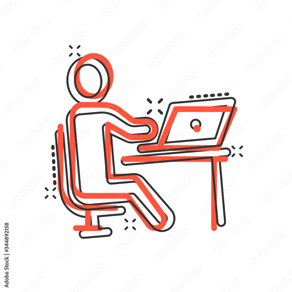People with laptop computer icon in comic style. Pc user cartoon vector illustration on white isolated background. Office manager splash effect business concept. People with laptop computer icon in comic style. Pc user cartoon vector illustration on white isolated background. Office manager splash effect business concept.