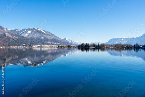 Beautiful mountains landscape, lake and mountain against blue sky. Saint Wolfgang im Salzkammergut in Austria 