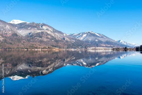 Beautiful mountains landscape, lake and mountain against blue sky. Saint Wolfgang im Salzkammergut in Austria 
