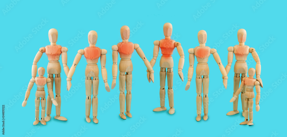 Obraz premium Global pandemic. Coronavirus epidemic concept - group of mannequins wooden people. Worldwide coronavirus outbreak.