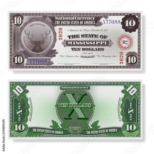 Fictional paper money USA. Ten dollars dedicated to the Mississippi. Motto in Latin By Valor and Arms. Head of deer