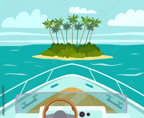 The boat approaches a tropical island in the sea. View from the bow of the boat. Vector flat style illustration.
