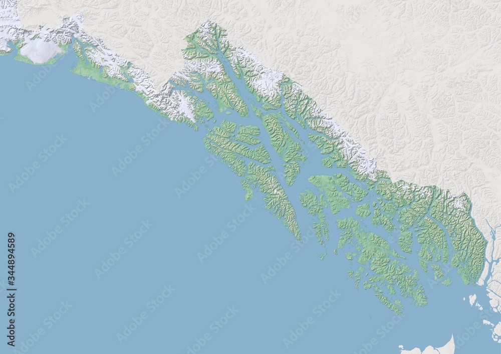 High resolution topographic map of Alaska panhandle with land cover