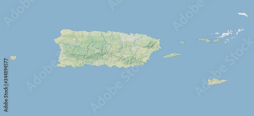 High resolution topographic map of Puerto Rico with land cover, rivers and shaded relief in 1:1.000.000 scale.	
