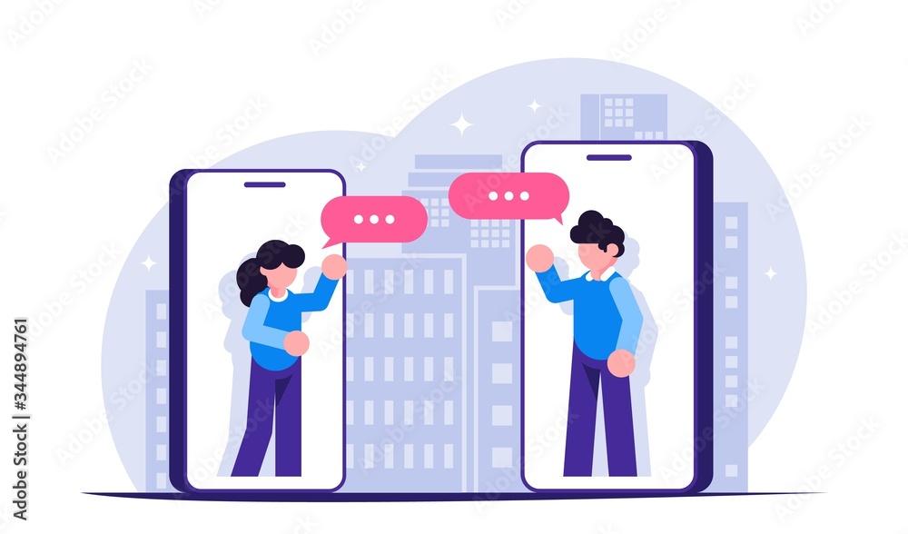Stay home. People communicate via messengers in mobile phones during an epidemic or isolation. Modern flat vector illustration. Stay home. People communicate via messengers in mobile phones during an epidemic or isolation. Modern flat vector illustration.