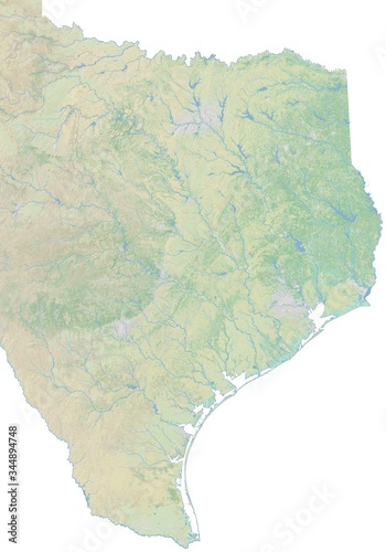 High resolution topographic map of eastern Texas with land cover, rivers and shaded relief in 1:1.000.000 scale.	
