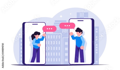 Stay home. People communicate via messengers in mobile phones during an epidemic or isolation. Modern flat vector illustration.