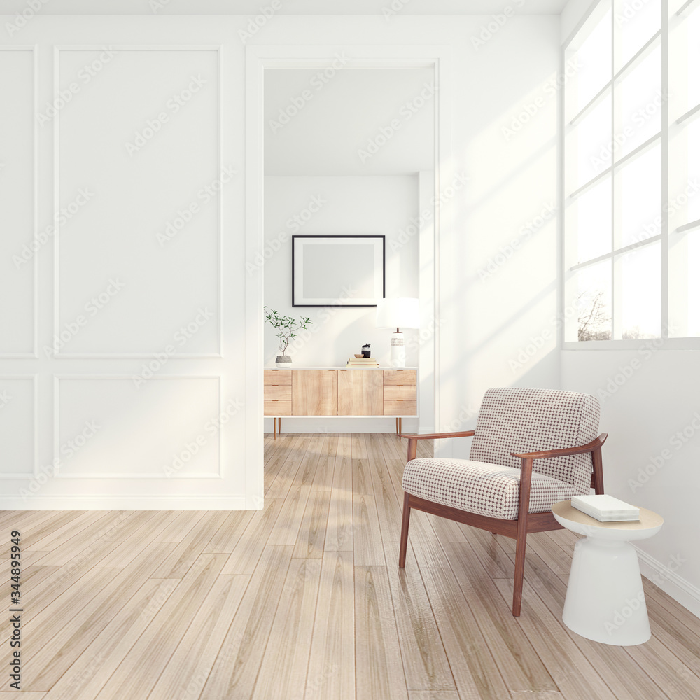 Obraz premium Modern minimal room with armchair and side table, white pattern wall. 3D rendering