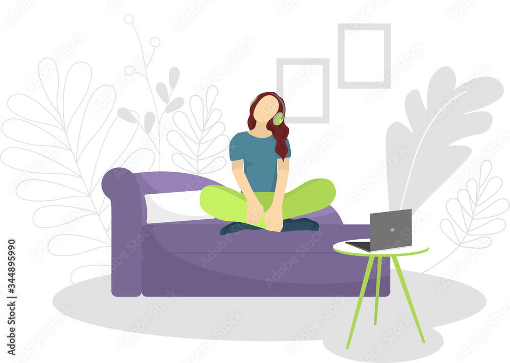 Vector illustration with a girl sitting on a sofa and listening to music.Girl at home listening to an audio lesson from a laptop . Poster motivating to listening to music. For sites, articles, posters Vector illustration with a girl sitting on a sofa and listening to music.Girl at home listening to an audio lesson from a laptop . Poster motivating to listening to music. For sites, articles, posters