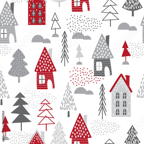 Seamless Christmas tree and house design, Christmas pattern with red and silver colored, vector illustration