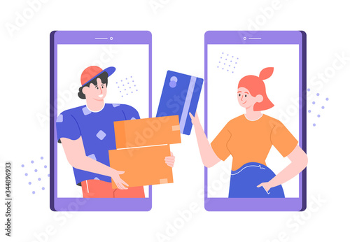 Girl pays for goods online by credit card. Courier and customer. Mobile application delivery service. Technology and shopping with a smartphone. Vector flat illustration.